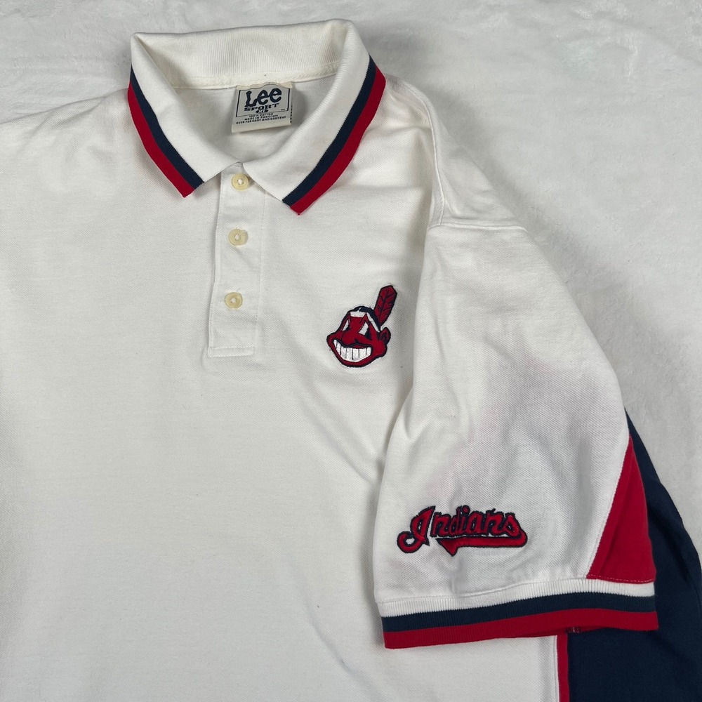 Vintage Lee Sport Cleveland Indians Polo Shirt Chief Wahoo MLB Mens XL White Red - Picture 2 of 9